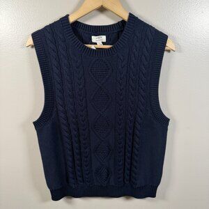 J. Crew Cable Knit Sweater Vest Size Large Navy Blue Preppy Classic